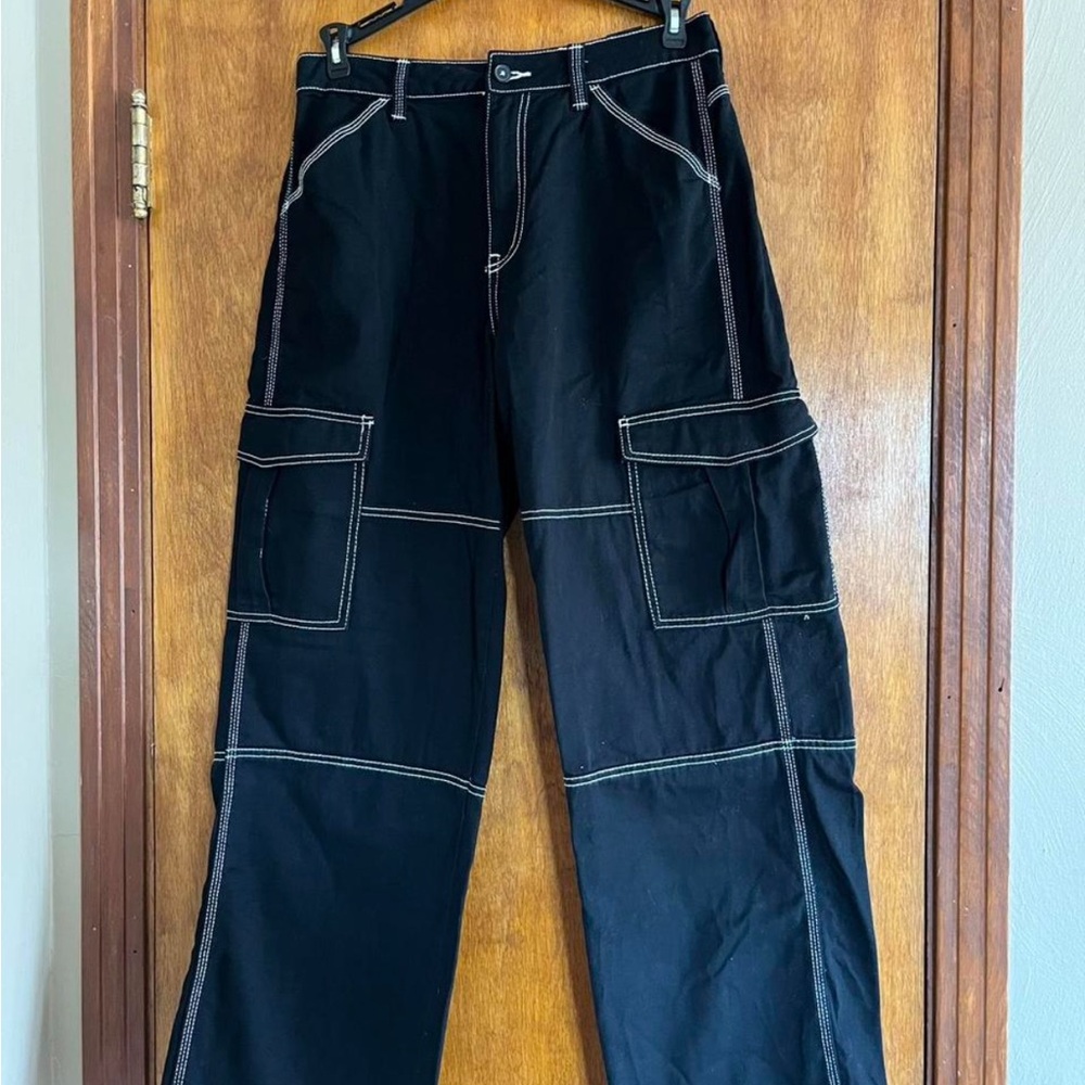 Zara Black Cargo Pants with White Stitching